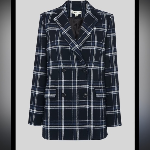 Whistles- NWT Black and Navy Multi Check Double Breasted Plaid Blazer Jacket - Picture 3 of 8